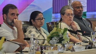 Congress Parliamentary Party (CPP) Chairperson Sonia Gandhi, Congress President Mallikarjun Kharge, party leader Rahul Gandhi and West Bengal Chief Minister Mamata Banerjee attend the second day of the joint Opposition meeting, in Bengaluru on Tuesday. (ANI) Congress Parliamentary Party (CPP) Chairperson Sonia Gandhi, Congress President Mallikarjun Kharge, party leader Rahul Gandhi and West Bengal Chief Minister Mamata Banerjee attend the second day of the joint Opposition meeting, in Bengaluru on Tuesday. (ANI)
