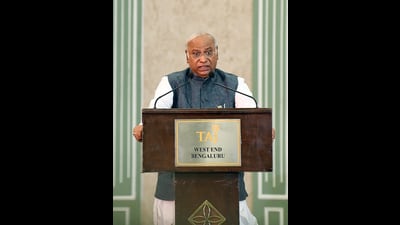 Congress president Mallikarjun Kharge addresses the media after the Opposition parties meet, in Bengaluru on Tuesday (ANI) Congress president Mallikarjun Kharge addresses the media after the Opposition parties meet, in Bengaluru on Tuesday (ANI)