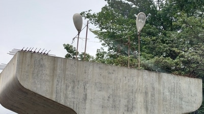 Lamps appear on Bengaluru's unfinished Ejipura flyover. Lamps appear on Bengaluru's unfinished Ejipura flyover.