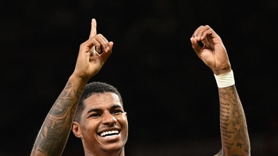 Manchester United's English striker Marcus Rashford indicates it's his 100th Man Utd goal (AFP) Manchester United's English striker Marcus Rashford indicates it's his 100th Man Utd goal (AFP)