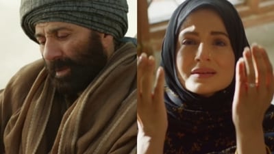 Sunny Deol and Ameesha Patel in stills from Gadar 2 song Khairiyat. Sunny Deol and Ameesha Patel in stills from Gadar 2 song Khairiyat.