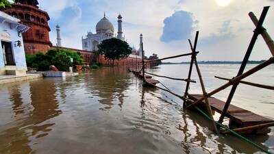 The Yamuna River touched the walls of the Taj Mahal in Agra on Monday for the first time in 45 years.&nbsp; (AFP)