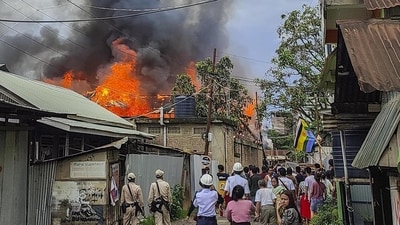 Imphal: Unidentified miscreants torch two houses in retaliation against he killing of nine civilians by Kuki militants, in Manipur, Thursday, Jun 15, 2023. (PTI) Imphal: Unidentified miscreants torch two houses in retaliation against he killing of nine civilians by Kuki militants, in Manipur, Thursday, Jun 15, 2023. (PTI)