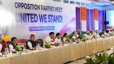 Leaders of 26 Opposition parties attended the meeting in Bengaluru on Tuesday. (PTI) Leaders of 26 Opposition parties attended the meeting in Bengaluru on Tuesday. (PTI)