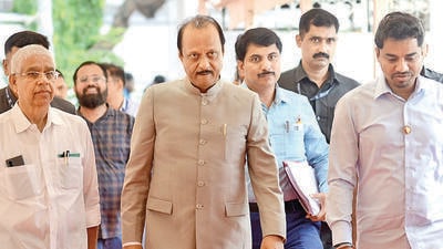 Mumbai, India - July 18, 2023: MLAs of Ajit Pawar faction of NCP step in on the Second day of the monsoon session at Vidhan Bhavan in Mumbai, India, on Tuesday, July 18, 2023. (Photo by Satish Bate/ Hindustan Times) (Hindustan Times) Mumbai, India - July 18, 2023: MLAs of Ajit Pawar faction of NCP step in on the Second day of the monsoon session at Vidhan Bhavan in Mumbai, India, on Tuesday, July 18, 2023. (Photo by Satish Bate/ Hindustan Times) (Hindustan Times)