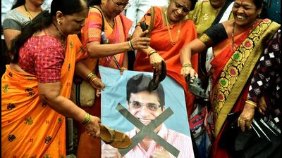Navi Mumbai, India - July 18, 2023:Shiv Sena Uddhav Thackeray (UBT) stage protest against senior BJP leader and former lawmaker Dr Kirit Somaiya in compromising position, at Shivaji Maharaj Chowk Vashi in Navi Mumbai, India, on Tuesday, July 18, 2023. (Photo by Bachchan Kumar/ HT PHOTO) (HT PHOTO) Navi Mumbai, India - July 18, 2023:Shiv Sena Uddhav Thackeray (UBT) stage protest against senior BJP leader and former lawmaker Dr Kirit Somaiya in compromising position, at Shivaji Maharaj Chowk Vashi in Navi Mumbai, India, on Tuesday, July 18, 2023. (Photo by Bachchan Kumar/ HT PHOTO) (HT PHOTO)