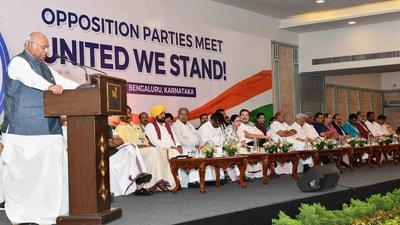 Congress President Mallikarjun Kharge speaks at a press conference after the opposition parties' meet, in Bengaluru on Tuesday. (PTI) Congress President Mallikarjun Kharge speaks at a press conference after the opposition parties' meet, in Bengaluru on Tuesday. (PTI)