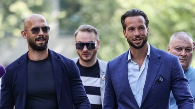Andrew Tate and Tristan Tate arrive to appear in front of a judge at the Bucharest Courthouse, in Bucharest, Romania, (via REUTERS)