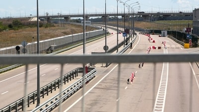 A view of an empty highway to the closed Crimean Bridge connecting Russian mainland and Crimean peninsula. (AP)