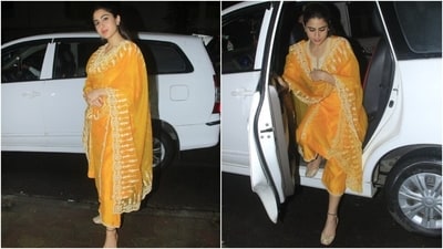 Sara accessorised the outfit with embellished juttis, statement rings, and pretty jhumkis. Lastly, she chose a sleek half-tied hairdo, glossy blush pink lip shade, kohl-lined eyes, mascara on the lashes, darkened brows, rouged cheekbones, and glowing skin for the glam picks.&nbsp; (HT PHOTO/Varinder Chawla)