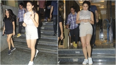 The last picture shows Sara in a co-ord outfit featuring a beige sleeveless top and high-waisted shorts. She accessorised the ensemble with sneakers, a bracelet, and rings. A ponytail, glossy nude lips, glowing skin, and a no-makeup look gave the finishing touch.&nbsp; (HT PHOTO/Varinder Chawla)