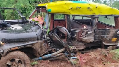 Thane, India - July, 18, 2023: 6 people died and 3 person's injured in an accident involving a container and a jeep near Khadvali village on Bhiwandi Nashik Road , in Thane , in Mumbai, India, on,Tuesday, July, 18, 2023. ( Praful Gangurde / HT Photo ) (Hindustan Times) Thane, India - July, 18, 2023: 6 people died and 3 person's injured in an accident involving a container and a jeep near Khadvali village on Bhiwandi Nashik Road , in Thane , in Mumbai, India, on,Tuesday, July, 18, 2023. ( Praful Gangurde / HT Photo ) (Hindustan Times)