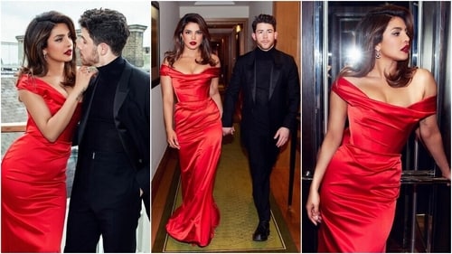 Priyanka Chopra, with Nick Jonas, in a gorgeous red gown. (Instagram) Priyanka Chopra, with Nick Jonas, in a gorgeous red gown. (Instagram)