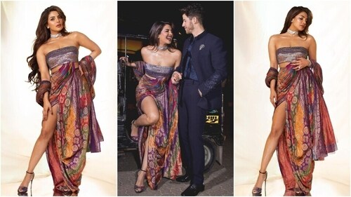 Priyanka Chopra attends NMACC with Nick Jonas in an upcycled saree. (Instagram) Priyanka Chopra attends NMACC with Nick Jonas in an upcycled saree. (Instagram)