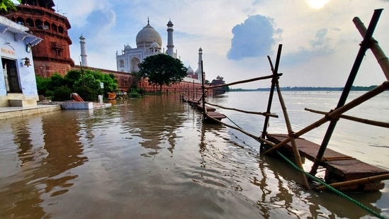 The Yamuna River touched the walls of the Taj Mahal in Agra on Monday for the first time in 45 years. (AFP)
