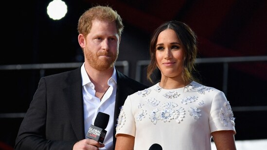 Prince Harry and Meghan Markle speak during the 2021 Global Citizen Live festival at the Great Lawn, Central Park on September 25, 2021 in New York City (Photo by Angela Weiss / AFP) (AFP)