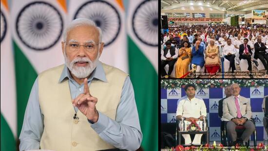 Prime Minister Narendra Modi addresses the inauguration of new integrated terminal building of Veer Savarkar International Airport in Port Blair, via video conferencing, on Tuesday (ANI)