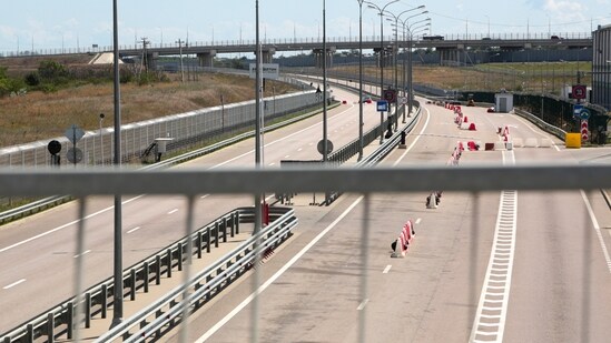 A view of an empty highway to the closed Crimean Bridge connecting Russian mainland and Crimean peninsula. (AP)