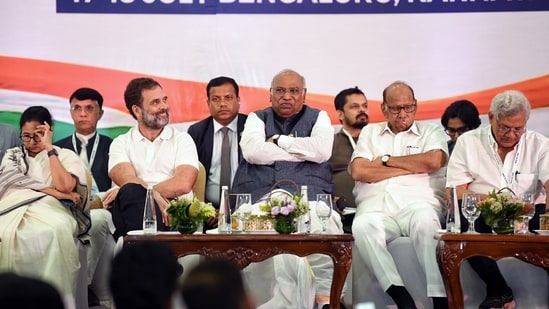 Congress President Mallikarjun Kharge, party leader Rahul Gandhi, West Bengal CM Mamata Banerjee, NCP chief Sharad Pawar and CPI(M) leader Sitaram Yechury during addressing the media after the Opposition parties meet, in Bengaluru on Tuesday. (ANI)