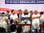 Congress President Mallikarjun Kharge, party leader Rahul Gandhi, West Bengal CM Mamata Banerjee, NCP chief Sharad Pawar during addressing the media after the Opposition parties meet. Congress President Mallikarjun Kharge, party leader Rahul Gandhi, West Bengal CM Mamata Banerjee, NCP chief Sharad Pawar during addressing the media after the Opposition parties meet.