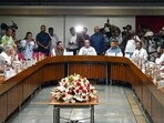 Defence Minister Rajnath Singh with Union Minister Arjun Ram Meghwal and other leaders during an all-party meeting on the eve of the Monsoon Session of Parliament, in New Delh, on Wednesday  (Photo by Sanjeev Verma/ Hindustan Times)