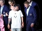 Lionel Messi and David Beckham talk during Inter Miami CF Hosts "The Unveil" at DRV PNK Stadium.