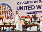 CM of Punjab Bhagwant Mann, CM of Karnataka Siddaramaiah, CM of West Bengal Mamata Banerjee, Congress leader Rahul Gandhi and Mallikarjun Khagre, NCP leader Sharad Pawar during two day opposition parties meeting at Bengaluru on Tuesday. CM of Punjab Bhagwant Mann, CM of Karnataka Siddaramaiah, CM of West Bengal Mamata Banerjee, Congress leader Rahul Gandhi and Mallikarjun Khagre, NCP leader Sharad Pawar during two day opposition parties meeting at Bengaluru on Tuesday.