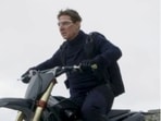 Tom Cruise performing the motorcycle stunt in Mission Impossible 7. Tom Cruise performing the motorcycle stunt in Mission Impossible 7.