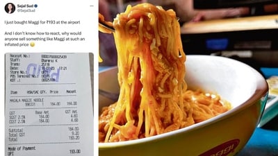 A screengrab of the tweet that went viral for was shocked about Maggi being priced at ₹193 at an airport. (Photo: Twitter and Shutterstock (For representational purposes only)) A screengrab of the tweet that went viral for was shocked about Maggi being priced at ₹193 at an airport. (Photo: Twitter and Shutterstock (For representational purposes only))