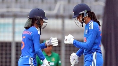 India's Smriti Mandhana and Jemimah Rodrigues fist bump each other during the match ( Twitter/BCCI Women) India's Smriti Mandhana and Jemimah Rodrigues fist bump each other during the match ( Twitter/BCCI Women)