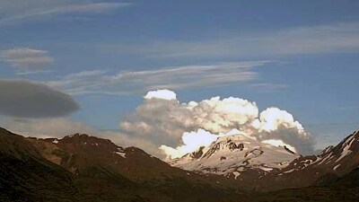 This web camera image provided by the U.S. Geological Survey shows a low-level ash plume from the Shishaldin Volcano captured on Tuesday, July 18, 2023. (AP)