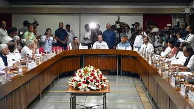 Defence Minister Rajnath Singh with Union Minister Arjun Ram Meghwal and other leaders during an all-party meeting on the eve of the Monsoon Session of Parliament, in New Delh, on Wednesday (Photo by Sanjeev Verma/ Hindustan Times) (Sanjeev Verma/HT photo) Defence Minister Rajnath Singh with Union Minister Arjun Ram Meghwal and other leaders during an all-party meeting on the eve of the Monsoon Session of Parliament, in New Delh, on Wednesday (Photo by Sanjeev Verma/ Hindustan Times) (Sanjeev Verma/HT photo)
