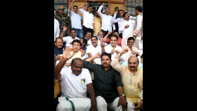 BJP legislators, including former chief minister Basavaraj Bommai, staged a protest outside the assembly building against the speaker’s decision of suspending 10 MLAs over their unruly behaviour. (ANI) BJP legislators, including former chief minister Basavaraj Bommai, staged a protest outside the assembly building against the speaker’s decision of suspending 10 MLAs over their unruly behaviour. (ANI)
