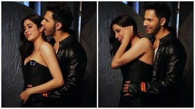 Varun Dhawan bites Janhvi Kapoor's ear during Bawaal photoshoot. Varun Dhawan bites Janhvi Kapoor's ear during Bawaal photoshoot.