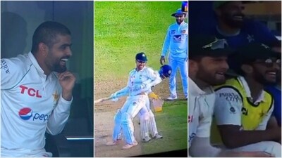 Babar Azam (L) and Shaheen Afridi (R) react as ball gets stuck in Abrar's pad, with the latter avoiding a run out (Twitter) Babar Azam (L) and Shaheen Afridi (R) react as ball gets stuck in Abrar's pad, with the latter avoiding a run out (Twitter)