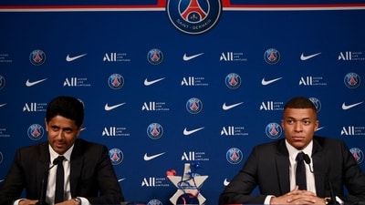 Paris Saint-Germain's CEO Nasser Al-Khelaifi (L) and French forward Kylian Mbappe (R) give a press conference. (AFP) Paris Saint-Germain's CEO Nasser Al-Khelaifi (L) and French forward Kylian Mbappe (R) give a press conference. (AFP)