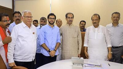Maharashtra deputy chief minister Ajit Pawar (right) with Shiv Sena (UBT) chief Uddhav Thackeray (centre) and party leader Aaditya Thackeray in Mumbai on Wednesday. (PTI) Maharashtra deputy chief minister Ajit Pawar (right) with Shiv Sena (UBT) chief Uddhav Thackeray (centre) and party leader Aaditya Thackeray in Mumbai on Wednesday. (PTI)
