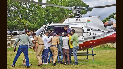 One of the victims being airlifted after the incident in Chamoli on Wednesday. (PTI) One of the victims being airlifted after the incident in Chamoli on Wednesday. (PTI)