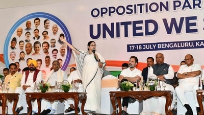 CM of Punjab Bhagwant Mann, CM of Karnataka Siddaramaiah, CM of West Bengal Mamata Banerjee, Congress leader Rahul Gandhi and Mallikarjun Khagre, NCP leader Sharad Pawar during two day opposition parties meeting at Bengaluru on Tuesday. CM of Punjab Bhagwant Mann, CM of Karnataka Siddaramaiah, CM of West Bengal Mamata Banerjee, Congress leader Rahul Gandhi and Mallikarjun Khagre, NCP leader Sharad Pawar during two day opposition parties meeting at Bengaluru on Tuesday.