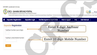 Step 2: Register as a depositor by entering your 12-digit Membership Number, the last 4 digits of your Aadhaar Number, your 10-digit Aadhaar-linked Mobile Number, and the Captcha. Click "Get OTP." (CRCS) Step 2: Register as a depositor by entering your 12-digit Membership Number, the last 4 digits of your Aadhaar Number, your 10-digit Aadhaar-linked Mobile Number, and the Captcha. Click "Get OTP." (CRCS)