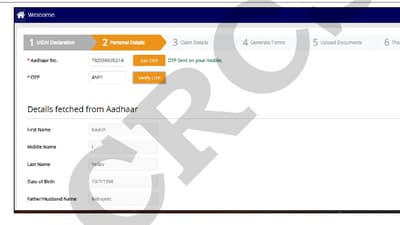 Step 9: After OTP verification, your Aadhaar user details will be displayed, including First Name, Middle Name, Last Name, Date of Birth, and Father/Husband Name. (CRCS) Step 9: After OTP verification, your Aadhaar user details will be displayed, including First Name, Middle Name, Last Name, Date of Birth, and Father/Husband Name. (CRCS)