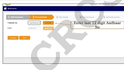 Step 7: On the Personal Details screen, enter your 12-digit Aadhaar Number and click "Get OTP." You will receive the OTP on your Aadhaar-linked mobile number.(CRCS) Step 7: On the Personal Details screen, enter your 12-digit Aadhaar Number and click "Get OTP." You will receive the OTP on your Aadhaar-linked mobile number.(CRCS)
