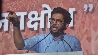Thane, India - April 05, 2023: Aaditya Thackeray speaks during the Janprakshobh Morcha, a protest rally by MVA activists from Shivsena (UBT), NCP and Congress, against Thane Police for its failure to take action against the culprits who assaulted UBT woman activist Roshni Shinde, from Chhatrapati Shivaji Maharaj Ground to Thane Police Commissionerate Office, at Kharkar Ali Ground, in Thane, India, on Wednesday, April 05, 2023. (Praful Gangurde/HT Photo) (HT PHOTO)