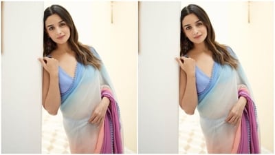 Alia added more glam to her look in silver oxidised jhumkas featuring blue and pink shades. In a matching silver oxidised statement ring, she completed her look. (Instagram/@aliaabhatt) Alia added more glam to her look in silver oxidised jhumkas featuring blue and pink shades. In a matching silver oxidised statement ring, she completed her look. (Instagram/@aliaabhatt)