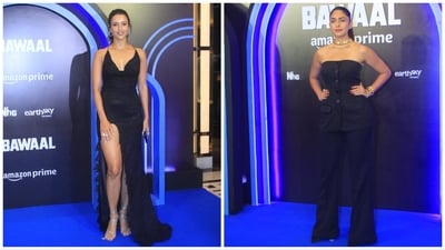 Tripti Dimri and Mrunal Thakur walked the Bawaal blue carpet in black. The Nitesh Tiwari film will release on Amazon Prime Video on July 21 and has World War II as the backdrop. Tripti Dimri and Mrunal Thakur walked the Bawaal blue carpet in black. The Nitesh Tiwari film will release on Amazon Prime Video on July 21 and has World War II as the backdrop. 
