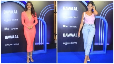 Pooja Hegde attended Bawaal screening in a pink dress and wrote on Instagram, “Barbie is sunshine and rainbows.” Nora Fatehi also made an appearance in a top and denims. Pooja Hegde attended Bawaal screening in a pink dress and wrote on Instagram, “Barbie is sunshine and rainbows.” Nora Fatehi also made an appearance in a top and denims. 