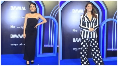 Radhika Apte and Tamannaah Bhatia chose black and white for Bawaal screening. Sharing a few pictures of her look, Tamannaah wrote on Instagram, “The face of midnight munchies!” Radhika Apte and Tamannaah Bhatia chose black and white for Bawaal screening. Sharing a few pictures of her look, Tamannaah wrote on Instagram, “The face of midnight munchies!”