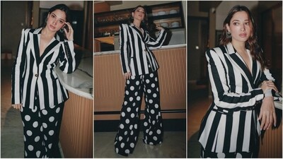 Tamannaah Bhatia turned heads as she attended the screening of Bawaal movie last night. The actress is a total fashionista and can pull off any look with perfection. Currently, she is embracing her boss diva side with her back-to-back power-dressing looks. This time she got decked up in a chic black and white pantsuit serving some major fashion inspiration. (Instagram/@tamannaahspeaks) Tamannaah Bhatia turned heads as she attended the screening of Bawaal movie last night. The actress is a total fashionista and can pull off any look with perfection. Currently, she is embracing her boss diva side with her back-to-back power-dressing looks. This time she got decked up in a chic black and white pantsuit serving some major fashion inspiration. (Instagram/@tamannaahspeaks)