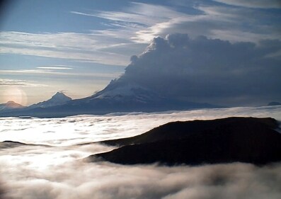 This web camera image provided by the U.S. Geological Survey shows a low-level ash plume from the Shishaldin Volcano captured on Tuesday, July 18, 2023. (AP)