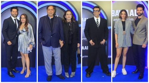 Varun Dhawan with family, Karan Johar and Rakul Preet Singh with boyfriend Jackky Bhagnani at Bawaal screening. (Varinder Chawla) Varun Dhawan with family, Karan Johar and Rakul Preet Singh with boyfriend Jackky Bhagnani at Bawaal screening. (Varinder Chawla)